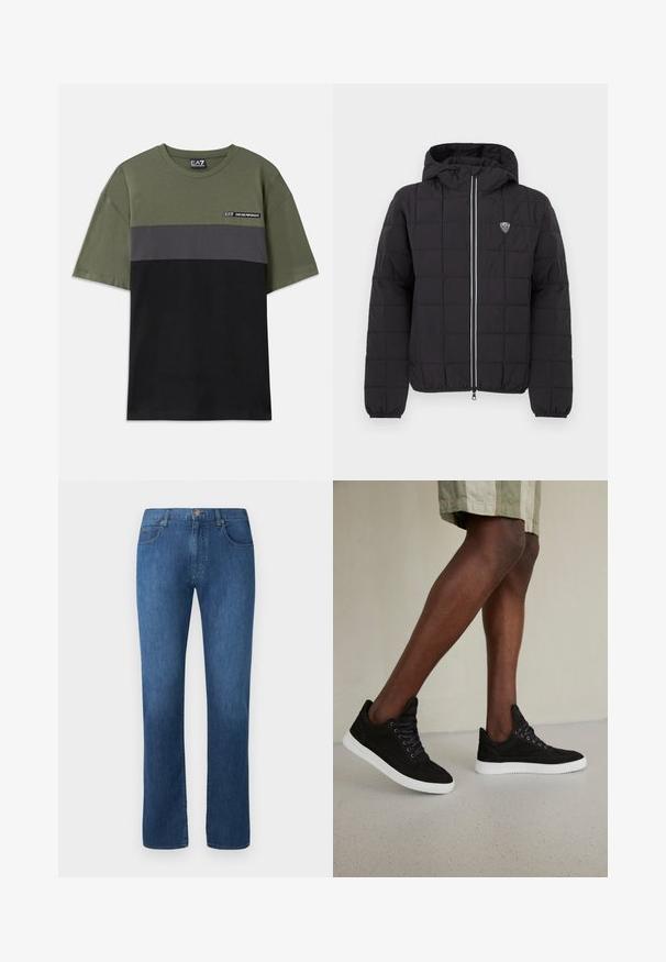 Sort quiltet jakke med hætte, med en lynlås foran, elastiske manchetter og et logoemblem på øverste venstre side. Fremhævet med hvide striber.; Grøn kortærmet T-shirt med grå og sorte vandrette striber, rund hals, og lille EA7-logo på øverste venstre bryst.; Mørkeblå denimjeans med lige ben-design, fem lommer og lukning med frontknap. Glat tekstur og klassiske syninger.; Sorte ruskinds sneakers med hvide gummisåler, med runde snørebånd, lav-top design og en glat overflade.