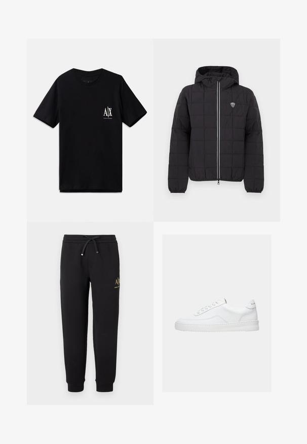Schwarze gesteppte Jacke mit Kapuze, ausgestattet mit einem Frontreißverschluss, elastischen Bündchen und einem Logo-Patch auf der oberen linken Seite. Akzentuiert mit weißen Streifen.; Schwarzes T-Shirt mit kurzen Ärmeln aus Baumwolle, ausgestattet mit einem kleinen weißen Logo auf der linken Brust. Einfaches Rundhalsausschnitt-Design, glatte Textur.; Schwarze Jogginghose mit elastischem Bund und Kordelzug, umgeschlagene Knöchel und kleines goldenes "A|X Armani Exchange"-Logo am rechten Oberschenkel.; Weißer Sneaker mit niedrigem Schaft, Schnürdesign, glattem Lederobermaterial und dicker Sohle, von der Seite auf einfachem Hintergrund gezeigt.