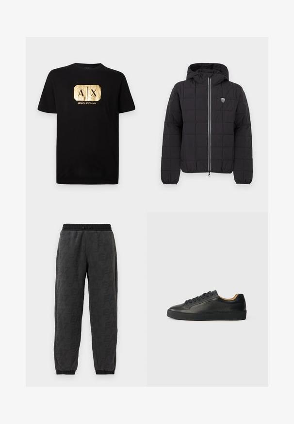 Schwarze gesteppte Jacke mit Kapuze, ausgestattet mit einem Frontreißverschluss, elastischen Bündchen und einem Logo-Patch auf der oberen linken Seite. Akzentuiert mit weißen Streifen.; Schwarzes Baumwoll-T-Shirt mit einem goldenen rechteckigen Logo, auf dem "A|X" und der Text "ARMANI EXCHANGE" darunter steht. Klassischer Schnitt mit kurzen Ärmeln.; Graue Jogginghosen aus strukturiertem Stoff mit einem Logo-Design über die gesamte Fläche, elastischem Bund und elastischen Bündchen an den Knöcheln.; Schwarze, niedrig geschnittene Ledersneaker mit strukturierter Oberfläche, schwarzen Schnürsenkeln und dicker Gummisohle, seitlich auf einem hellen Hintergrund dargestellt.