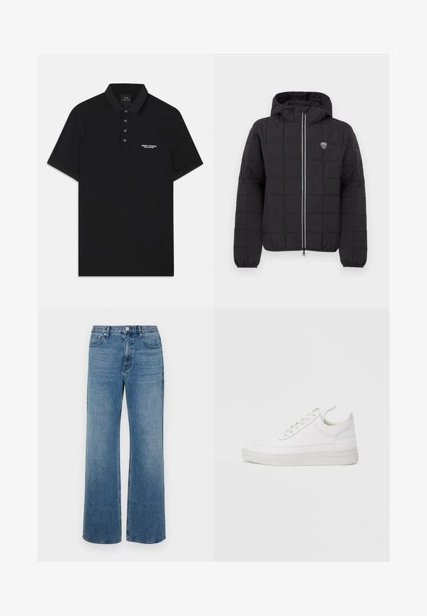 Chaqueta acolchada negra con capucha, con cremallera frontal, puños elásticos y un parche de logo en la parte superior izquierda. Acentuada con rayas blancas.; Camiseta polo negra de algodón, con un cuello estándar, una tapeta de tres botones y un pequeño logotipo blanco de "Armani Exchange" a la izquierda.; Pantalones vaqueros de pierna ancha en denim con un acabado desgastado. Presenta cinco bolsillos, un cierre de botón en la parte delantera y un corte recto.; Zapatilla blanca de cuero con punta redondeada, suela plana y cierre de cordones. Presenta detalles de costuras y un cuello acolchado para mayor comodidad.