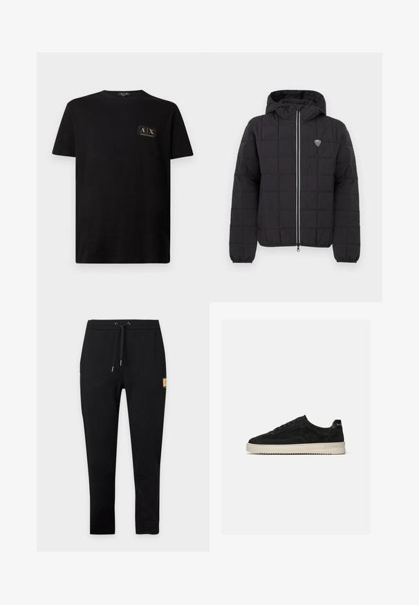 Sort quiltet jakke med hætte, med en lynlås foran, elastiske manchetter og et logoemblem på øverste venstre side. Fremhævet med hvide striber.; Sort bomulds t-shirt med korte ærmer og rund hals. Har et lille sort og guld logo patch på venstre brystområde.; Sorte smalle joggingbukser med snøre i taljen og lille beige rektangulært mærke på øverste venstre lår.; Sort ruskind lav-sneaker med sorte snørebånd og hvid gummisål, sidevisning på ensartet lys grå baggrund.