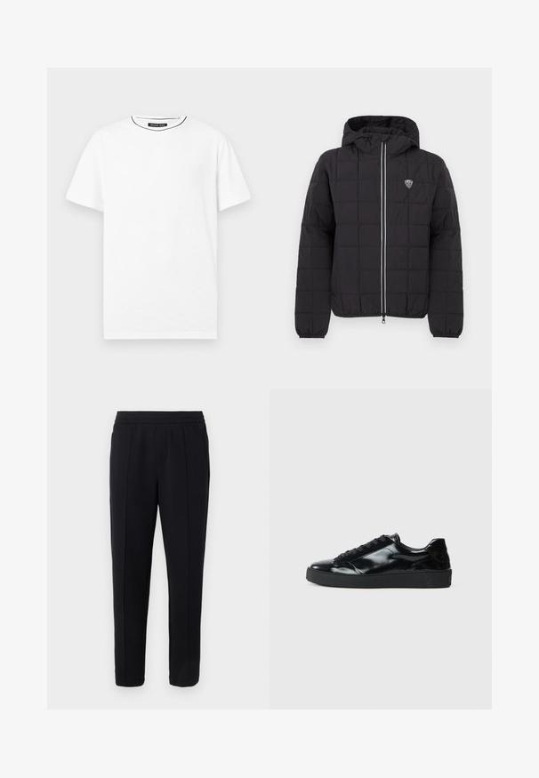 Veste noire matelassée avec capuche, dotée d'une fermeture éclair frontale, de poignets élastiques et d'un patch logo sur le côté supérieur gauche. Agrémentée de rayures blanches.; T-shirt blanc uni à manches courtes et col rond, avec une petite étiquette noire Michael Kors à l'intérieur du col.; Pantalon noir sur mesure avec ceinture élastique, plis avant soigneusement repassés, et coupe droite, sur un fond gris clair.; Baskets en cuir verni noir avec un bout arrondi, un laçage, une semelle en caoutchouc texturé et une finition lisse.