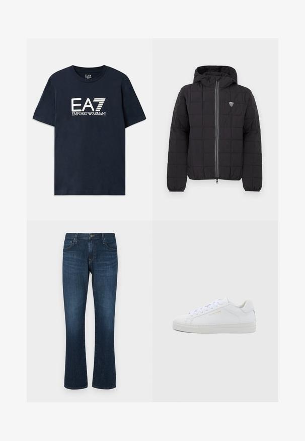 Sort quiltet jakke med hætte, med en lynlås foran, elastiske manchetter og et logoemblem på øverste venstre side. Fremhævet med hvide striber.; Blå bomulds t-shirt med korte ærmer og rund halsudskæring. Har et fremtrædende hvidt EA7 Emporio Armani-logo på forsiden.; Mørkeblå denimjeans med lige ben-design, fem lommer og metalknap-lukning. Glat tekstur med subtil falming.; Hvide sneakers i lav model og læder med rund snude, flade snørebånd, tekstureret sål og diskret guldfarvet logo på siden. Glat overflade og minimalistisk design.