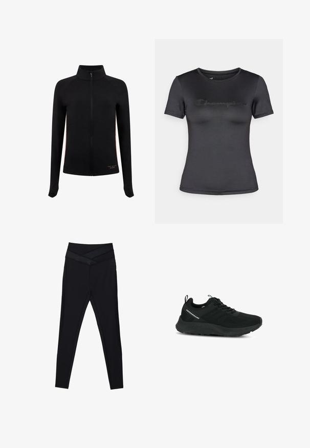 Sort zip-up jakke med høj krave, lange ærmer og kontrasterende sidelister. Lavet af blødt materiale, har logo-detalje ved kanten.; Sort T-shirt med korte ærmer lavet af glat stof, med et diskret præget "Champion"-logo over brystet og rund halsudskæring.; Sorte leggings med høj talje og bred, krydset taljebånd samt tætsiddende pasform langs benene på en hvid baggrund.; Sort sportsko med en struktureret overdel, netpaneler og en polstret sål. Har snørebånd og en løkke ved hælen for nem påtagning.