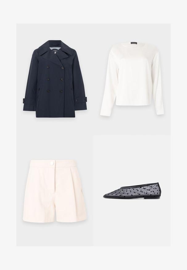 Gabardina azul marino de doble botonadura con solapas anchas, seis botones negros, bolsillos laterales y tiras abotonadas en las mangas.; Camiseta blanca de manga larga con cuello redondo y un ajuste holgado, exhibida sobre un fondo liso de color gris claro.; Pantalones cortos plisados beige hechos de una tela ligera, con cierre de botón y líneas limpias y ajustadas. Textura suave y diseño minimalista.; Zapato plano negro con puntera puntiaguda, tela translúcida y un patrón de lunares negros sobre un fondo claro.