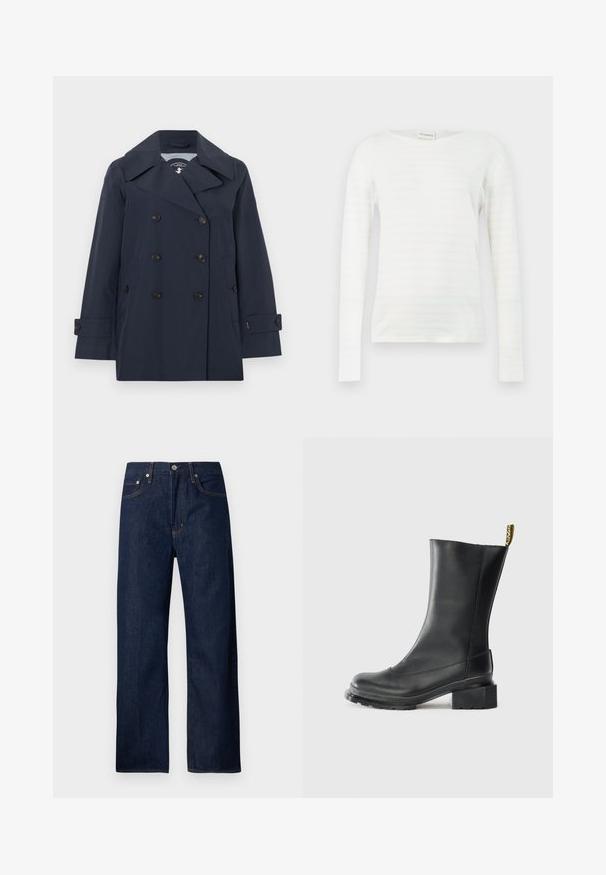 Marineblauer doppelt geknöpfter Trenchcoat mit breiten Revers, sechs schwarzen Knöpfen, Seitentaschen und mit Knöpfen versehene Ärmelriemen.; Weißes Langarmshirt mit dezenten rosa horizontalen Streifen, ausgestattet mit einem V-Ausschnitt und einem lässigen Schnitt. Weiche Textur, legerer Stil.; Dunkelblaue Denim-Jeans mit geradem Bein, fünf Taschen und Kontrastnähten. Hergestellt aus robustem Baumwollstoff.; Schwarze Leder-Stiefelette mit Blockabsatz, glatter Textur, abgerundeter Zehenpartie und einer Fersenschlaufe mit gelbem Branding.