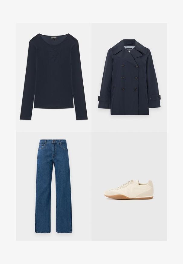 Gabardina azul marino de doble botonadura con solapas anchas, seis botones negros, bolsillos laterales y tiras abotonadas en las mangas.; Camisa de cuello redondo de manga larga azul marino con un sutil logo bordado en el pecho, fabricada en tejido suave, dispuesta sobre un fondo blanco.; Jeans de tiro alto y pierna ancha en color azul, con bolsillos delanteros y traseros, cierre de botones y costuras visibles sobre un fondo blanco.; Zapatillas deportivas color beige claro con parte superior de cuero texturizado, paneles laterales texturizados y suela de goma. Presentan un diseño elegante y estilizado con cordones planos.