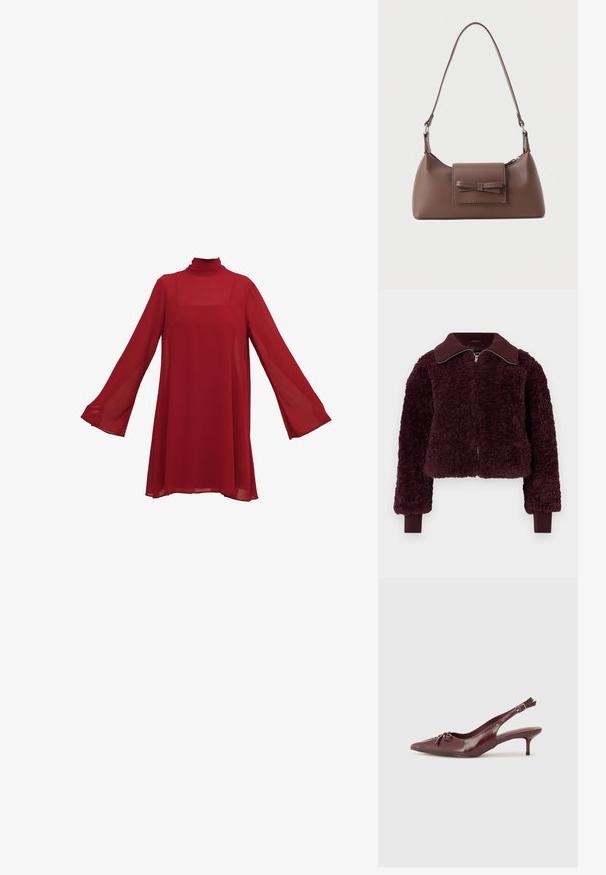 Blødt, dyb bordeaux lynlåsjakke med ribbet krave og manchetter, tekstureret fleece-stof og lange ærmer.; Rød chiffonkjole med lange klokkeærmer og høj hals. Løs, svævende silhuet med firkantet udskæring og gennemsigtig tekstur.; Bordeaux læder slingback hæl med spidse tå, justerbar rem og dekorativ sløjfedetalje foran. 7,5 cm hælhøjde.; Brun skuldertaske i læder med en frontlomme med klap, der har en sydd sløjfedetalje, og en justerbar rem.