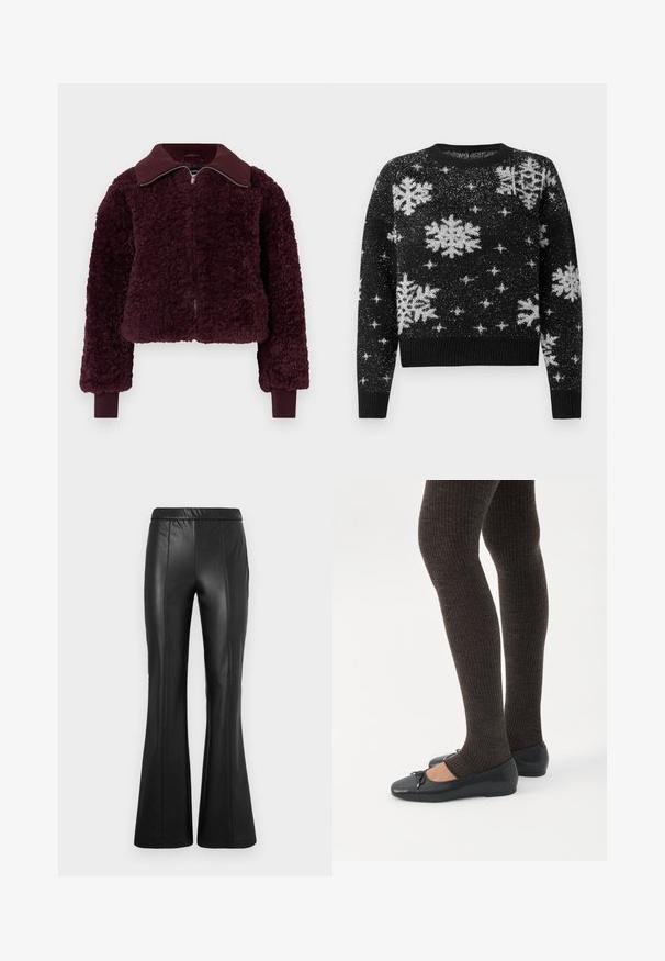 Blødt, dyb bordeaux lynlåsjakke med ribbet krave og manchetter, tekstureret fleece-stof og lange ærmer.; Sort sweater med hvide snefnug- og stjernemønstre, lavet i et struktureret stof, rund halsudskæring og ribbede kanter og manchetter.; ONLY ONLJESSIE PANTS - Bukser - black; Ben iført mørke ribbede leggings kombineret med sorte balletsko med små sløjfedetaljer på hvid baggrund.
