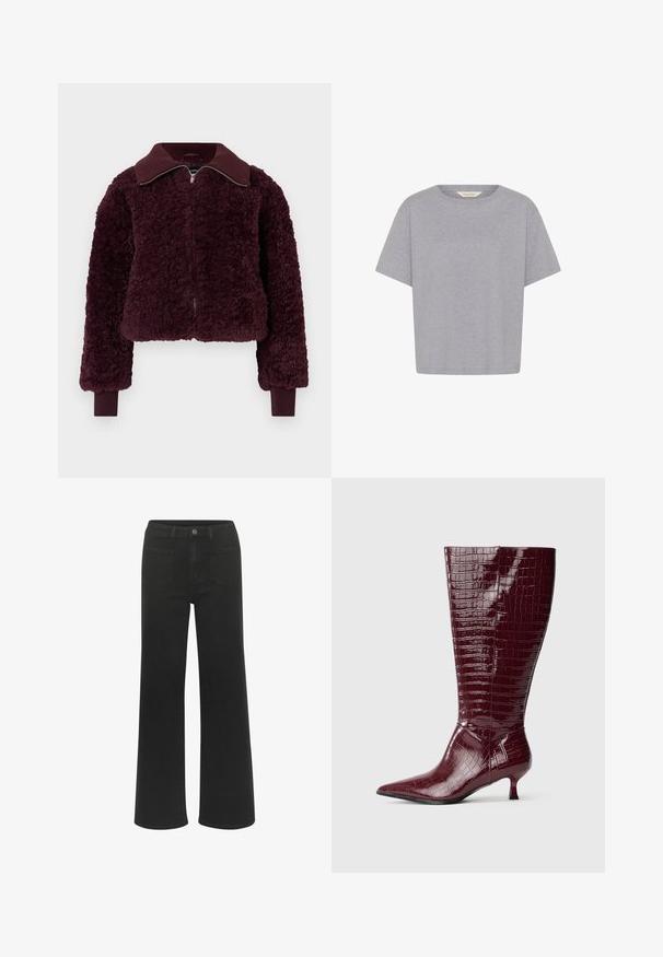Veste zippée en velours de couleur bordeaux profond avec col et poignets côtelés, tissu en polaire texturé et manches longues.; T-shirt uni gris clair à manches courtes, coupe ample, col rond, sans logo ni motif visible, présenté sur fond blanc.; Jean large noir en denim, avec fermeture à bouton, cinq poches, et une texture lisse d'une couleur uniforme.; Bottes hauteur genou en cuir verni bordeaux à texture crocodile, bout pointu et talon bloc bas, présentant un design élégant et ajusté.