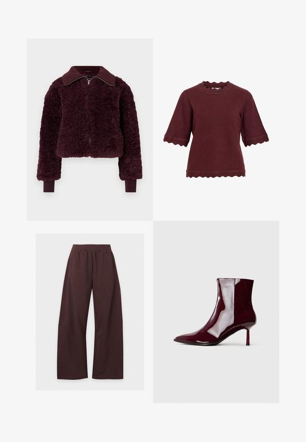 Veste zippée en velours de couleur bordeaux profond avec col et poignets côtelés, tissu en polaire texturé et manches longues.; Pull bordeaux à manches courtes avec bords festonnés aux manches, à l'ourlet et à l'encolure, en tissu tricoté doux.; Pantalon ample marron foncé avec taille élastique et poches latérales, présenté sur un fond clair uni.; Bottine brillante rouge foncé à bout pointu et talon fin mi-haut sur un fond clair.