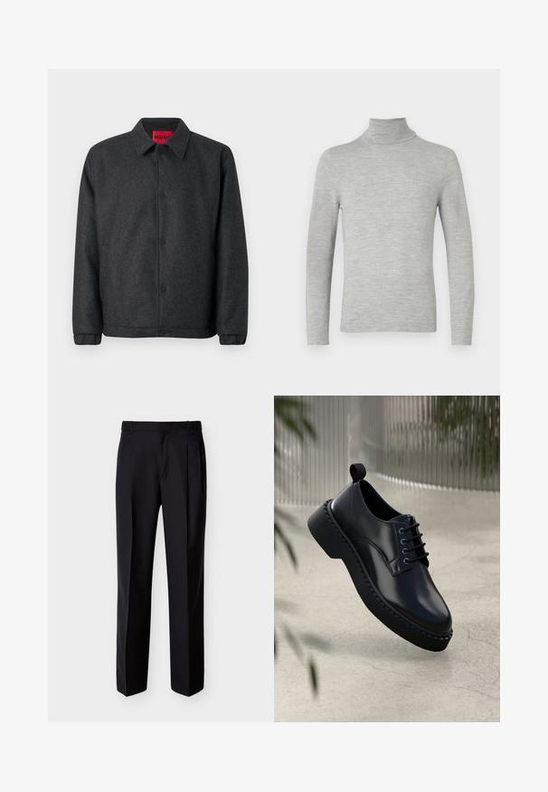 Mørkegrå jakke lavet af en uldblanding, med knaplukning foran, klassisk krave og elastiske manchetter for et tætsiddende ærme.; Lys grå langærmet turtleneck sweater med fin strik, vist på en neutral hvid baggrund.; Sorte skræddersyede bukser med lige snit, foldet forstykke og sidelommer. Fremstillet af et glat, let stof med et ensartet mønster.; Sorte lædersko med rund tå, snørebåndsdesign og en tyk gummisål med struktureret kant. Slankt finish og minimal hardware.