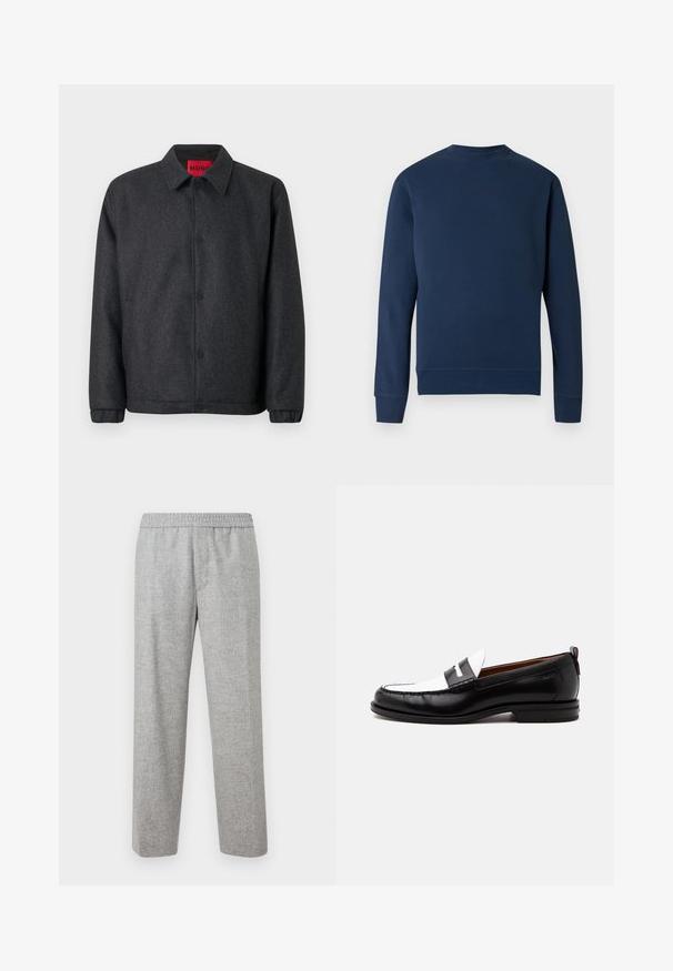 Veste gris foncé en mélange de laine, dotée d'une fermeture à boutons, d'un col classique et de poignets élastiques pour une manche ajustée.; Sweat-shirt bleu marine à col rond, avec des poignets et un ourlet côtelés. Présente un logo discret sur la poitrine de la même couleur. Texture de tissu lisse.; Pantalons en tissu texturé gris clair, avec une taille élastique. Design à jambe droite, sans poches visibles ni détails matériels.; Mocassin en cuir noir et blanc avec des détails cousus, un petit talon et un design slip-on, présenté de profil sur un fond uni.