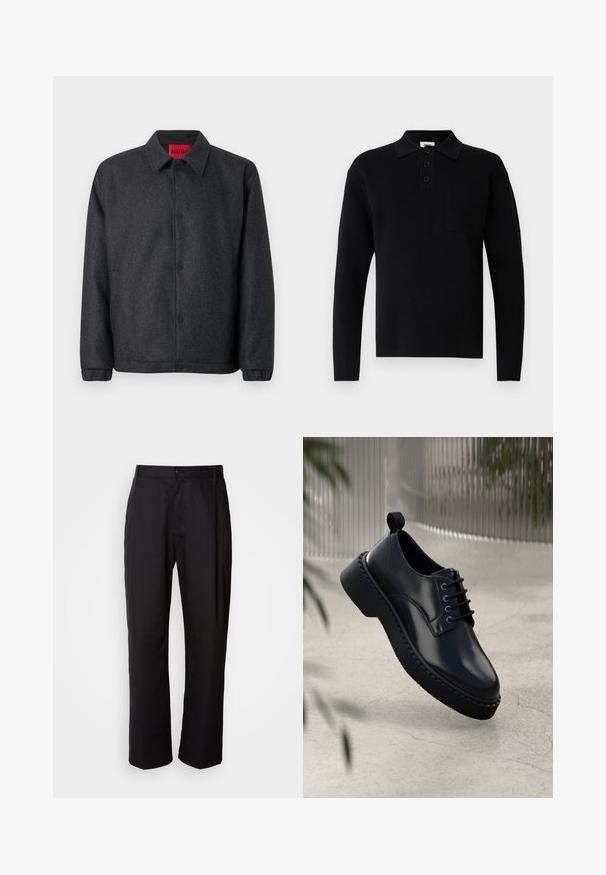 Donkergrijze jas gemaakt van een wolblend, met een knoopsluiting aan de voorkant, een klassieke kraag en elastische manchetten voor een aangesloten mouw.; Zwart poloshirt met lange mouwen gemaakt van zacht materiaal, voorzien van een kraag, een drieknopsbies en een klein borstzakje.; Zwarte broek met een rechte snit, gemaakt van lichtgewicht stof. Heeft een frontale knoopsluiting en twee zijzakken; gladde textuur.; Zwarte leren schoen met een ronde neus, vetersluiting en een dikke rubberen zool met een gestructureerde rand. Strakke afwerking en minimale hardware.