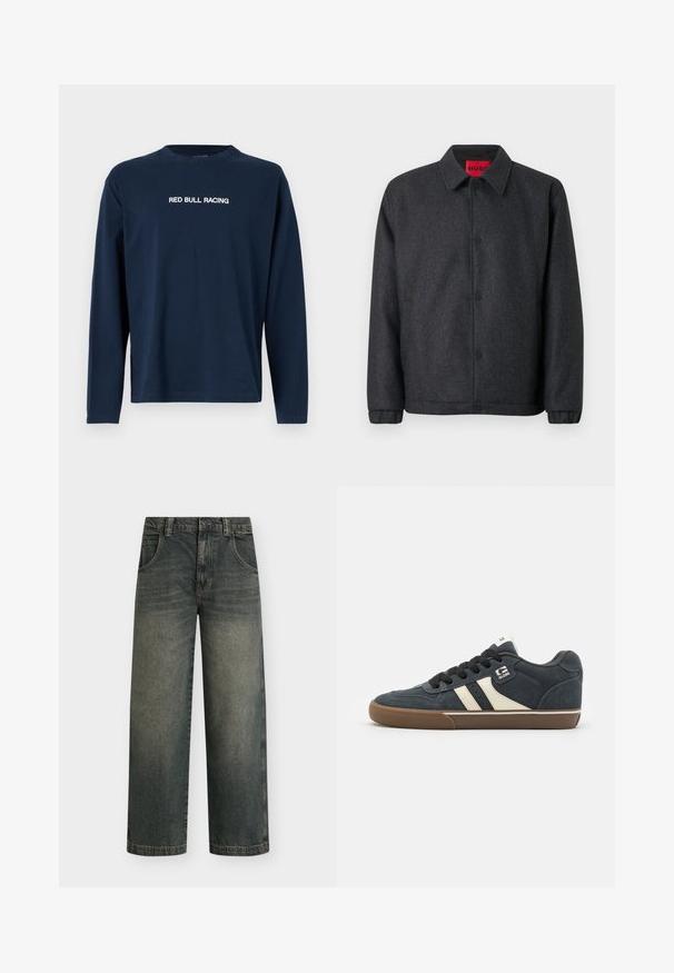 Chaqueta gris oscuro hecha de una mezcla de lana, con cierre de botones en la parte delantera, cuello clásico y puños elásticos para un ajuste ceñido en las mangas.; Camiseta de manga larga en color navy hecha de algodón, con cuello redondo y el texto "RED BULL RACING" en blanco en el pecho.; Vaqueros de pierna ancha en denim oscuro con un lavado desgastado, cinco bolsillos y cierre de botón; cuenta con costuras en contraste y dobladillo recto.; Zapatillas de ante azul oscuro con rayas color crema, cordones negros y suela de goma marrón. Presenta un cuello acolchado y un logo en el lateral.