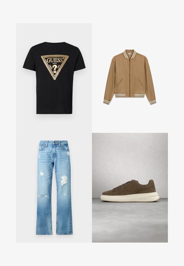 Hellbraune Bomberjacke mit Reißverschluss, diagonalen Seitentaschen und gestreiften, gerippten Bündchen und Kragen. Glatte, strukturierte Stoffqualität.; Guess CHAIN - T-Shirt print - jet black; Hellblaue Jeans aus Denim mit geradem Bein, ausgestattet mit Rissen und einem ausgewaschenen Finish. Enthält einen Metallknopf und fünf Taschen.; Braune Wildleder-Sneaker mit einer cremefarbenen Gummisohle, flachen Schnürsenkeln und einem Logo an der Seite. Leichtes Design und glatte Textur.
