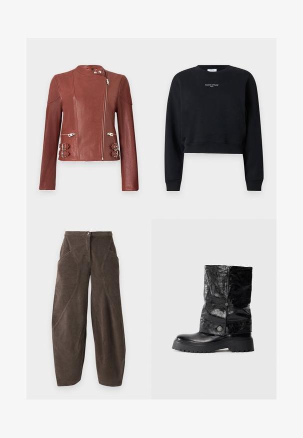 Brun læder bikerjakke med asymmetrisk frontlynlås, trykknapkrave, to lynlås lommer og justerbare spændebånd på begge sider.; Sort kortlangærmet sweatshirt med rund hals, ribstrikkede manchetter og kant samt hvid "MAISON KITSUNÉ PARIS"-tekst centreret på brystet.; Brune bredbenede fløjlsbukser med høj talje, frontknaplukning og skrå sømdetaljer på benene.; Sorte læder ankelstøvler med en blank finish, der har et fold-over design, trykknapdetalje og en chunky sål.