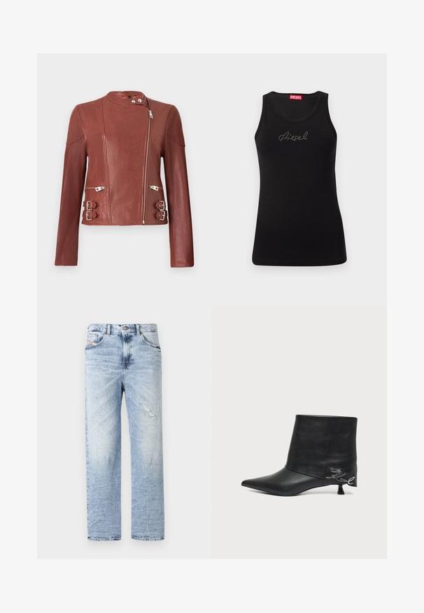 Veste de motard en cuir marron avec fermeture éclair avant asymétrique, col pressionné, deux poches zippées et sangles réglables avec boucle des deux côtés.; Débardeur noir sans manches avec logo "Diesel" en strass sur la poitrine et étiquette de marque rouge à l'intérieur de l'encolure.; Jean en denim bleu clair avec une coupe droite, présentant de légers abrasements et un design traditionnel à cinq poches. Ceinture classique avec bouton.; Bottine en cuir noir avec bout pointu, petit talon kitten et détail écrit argenté près du talon.