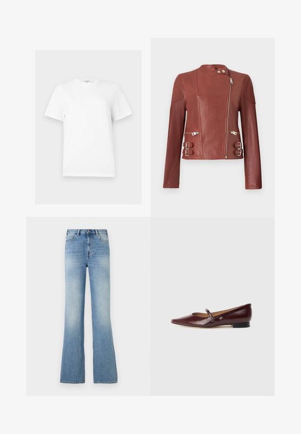 Veste de motard en cuir marron avec fermeture éclair avant asymétrique, col pressionné, deux poches zippées et sangles réglables avec boucle des deux côtés.; T-shirt blanc uni à manches courtes et col rond, coupe droite avec une petite étiquette de marque au niveau de l'encolure.; Jean denim bleu clair taille haute avec bouton et fermeture éclair devant, cinq poches, jambes légèrement évasées et légère décoloration au niveau des cuisses.; Chaussure plate en cuir verni bordeaux avec un bout pointu et une sangle décorative sur le cou-de-pied. Présente un petit talon noir.