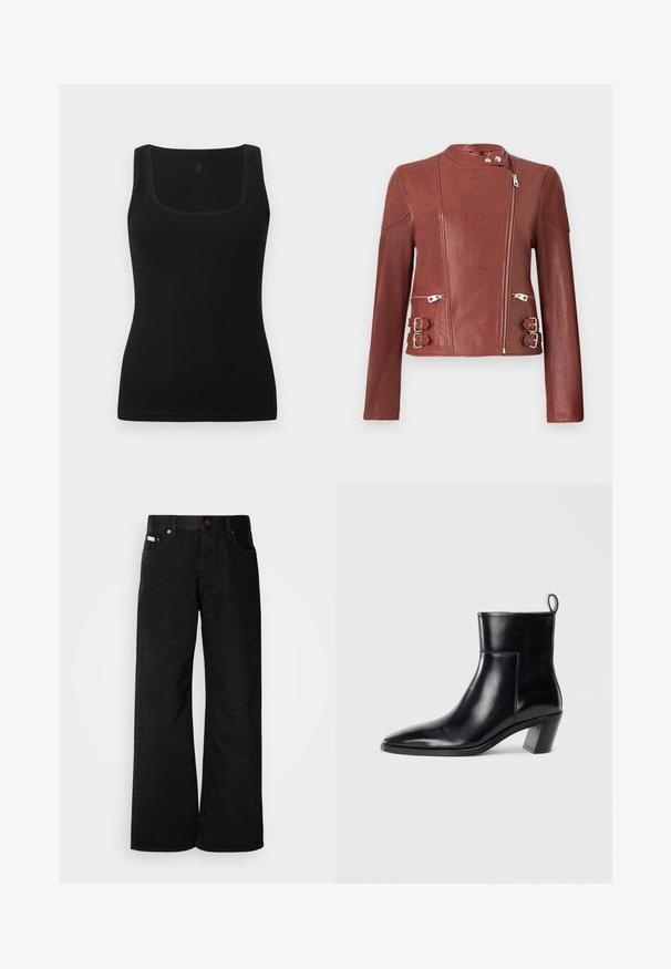 Veste de motard en cuir marron avec fermeture éclair avant asymétrique, col pressionné, deux poches zippées et sangles réglables avec boucle des deux côtés.; Débardeur noir moulant en tissu lisse, doté d'un décolleté carré et de larges bretelles ; sans motifs ni accents visibles.; Jean large noir en coton. Présente des poches avant, une fermeture à bouton, et une texture denim classique. Design minimaliste sans motifs.; Bottine en cuir noir avec un bout pointu, un talon empilé géométrique et une languette à l'arrière. Texture lisse et design épuré.