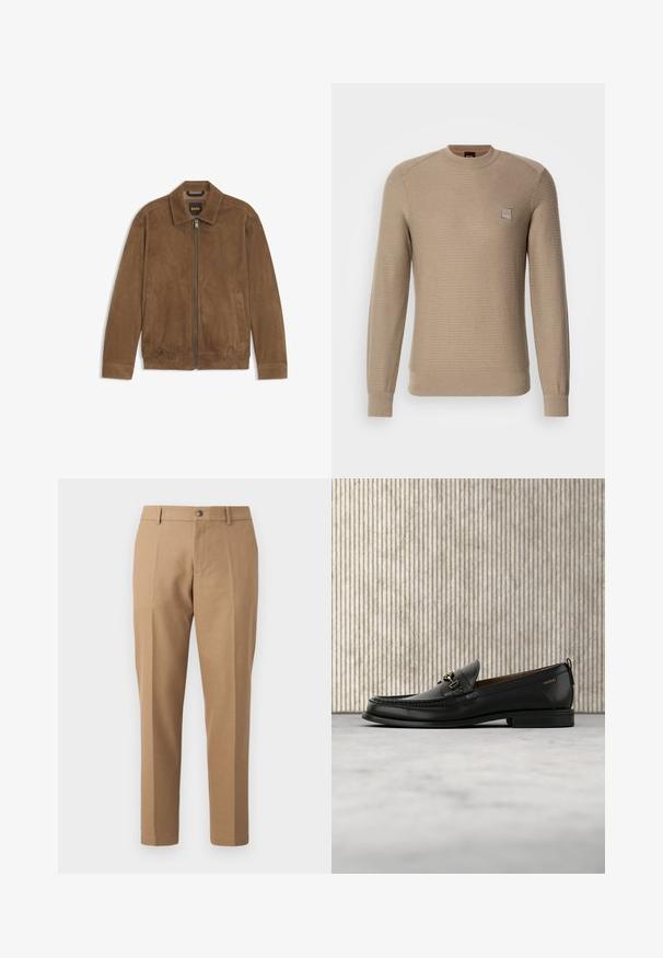 Bruine suède jas met een rits aan de voorkant, kraag, elastische zoom en twee zijzakken, met het label "BOSS" aan de binnenkant van de kraag.; Beige gebreide trui met lange mouwen, geribbelde manchetten en een ronde hals. Heeft een klein logo-opdruk op de borst en een textuur ontwerp.; Karamelkleurige tailored broeken met een recht model, voorzien van een enkele voorplooi, een knoopsluiting en subtiele stiksels.; Zwarte leren loafer met gouden metalen gesp en "HUGO" branding, weergegeven tegen een beige tapijt en bruin doorschijnend meubilair.