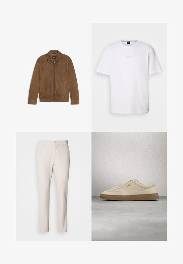 Veste en daim marron avec fermeture éclair à l'avant, col, ourlet élastique et deux poches latérales, étiquette "BOSS" à l'intérieur du col.; T-shirt en coton blanc à manches courtes, col rond, avec un logo « BOSS » en relief sur la poitrine. Texture lisse, coupe standard.; Pantalon beige à coupe slim, avec un système de fermeture à bouton à l'avant, un design à l'avant plat et une coupe droite, fabriqué en tissu en mélange de coton lisse.; Baskets en daim beige clair avec une semelle en caoutchouc gomme, des lacets prononcés et des détails de couture subtils. Design épuré avec une esthétique minimaliste.