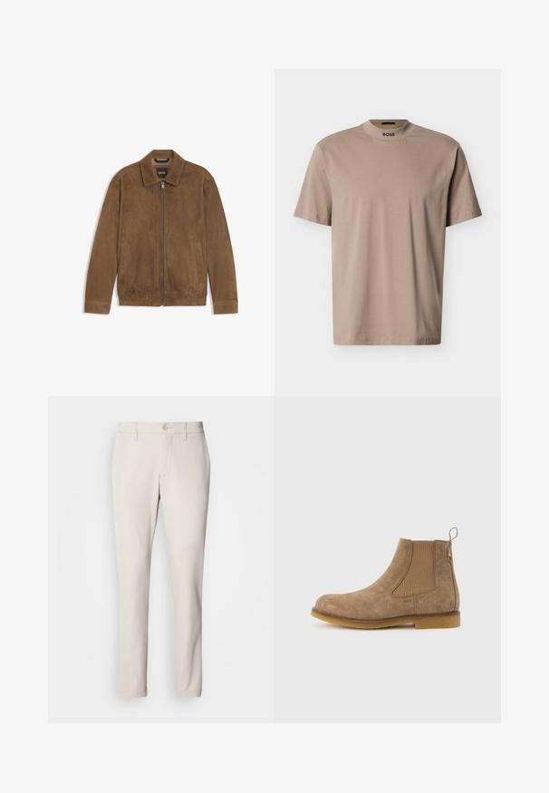 Braune Wildlederjacke mit Frontreißverschluss, Kragen, elastischem Saum und zwei Seitentaschen, innen am Kragen mit "BOSS" beschriftet.; Beiges T-Shirt mit kurzen Ärmeln und hohem Rundhalsausschnitt sowie "BOSS"-Markenaufdruck am Kragen. Hergestellt aus weichem Stoff mit glatter Textur.; Beige Hose mit schmalem Schnitt, mit einer Knopfverschlus, flacher Vorderseite und geradem Beinansatz, aus glattem Baumwoll-Mischgewebe.; Hellbrauner Chelsea-Stiefel aus Wildleder mit elastischen Seitenpaneelen, Zuglasche an der Ferse und Gummisohle.