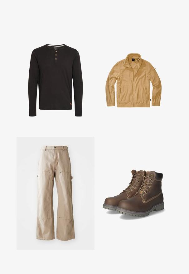 Chaqueta de forro polar marrón claro con cuello alto, cremallera frontal, dos bolsillos con cremallera, detalles con cordón y puños elásticos, colocada plana sobre fondo blanco.; Camisa de manga larga negra hecha de una tela suave, con un cuello redondo, tapeta de botones con botones de madera y una pequeña etiqueta de logo en el dobladillo.; Pantalones de pierna ancha beige, confeccionados en un resistente tejido de algodón. Cuenta con bolsillos delanteros y laterales, costuras visibles y acentos de metal en los bolsillos.; Botas de cuero marrón hasta el tobillo con cordones, cuello acolchado, costuras en contraste y suela de goma resistente con patrones de tracción.