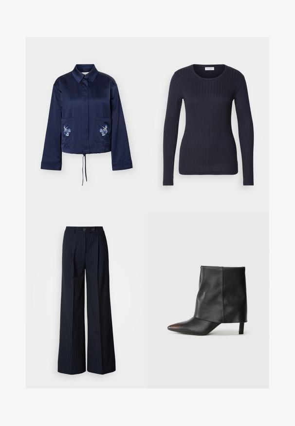 Navy langærmet satinjakke med spids krave, frontlommer med hvid og blå blomst broderi, og justerbar snøre i taljen.; Marineblå langærmet ribbet top med rund hals. Fremstillet af blødt stof, har den et tætsiddende design og en subtil tekstur hele vejen igennem.; Marineblå stribede bredbenede bukser med to frontknapper, skræddersyet design, præget fold foran og en glat tekstur.; Sort ankelstøvle lavet af glat læder med spids tå og tilspidset hæl. Overdelen har et let rynket design.