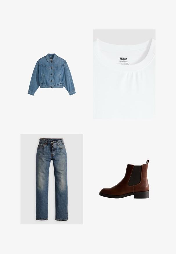 Blaue Denimjacke mit Kragen, Knopfleiste vorne, langen Ärmeln, zwei Fronttaschen und sichtbaren Nahtdetails.; Weißes T-Shirt mit Rundhalsausschnitt und Levi's Markenlabel, das innen am Kragen eingenäht ist, hergestellt in Bangladesch.; Blaue Denim-Jeans mit geradem Bein, ausgestattet mit sichtbaren Nähten, einem Reißverschluss und fünf Taschen. Ausgewaschene Stellen sorgen für Textur.; Braune Lederknöchelstiefel mit elastischen Seitenpaneelen, runder Zehenpartie und niedrigem Blockabsatz. Mit kontrastierenden Nähten und einer Zuglasche.