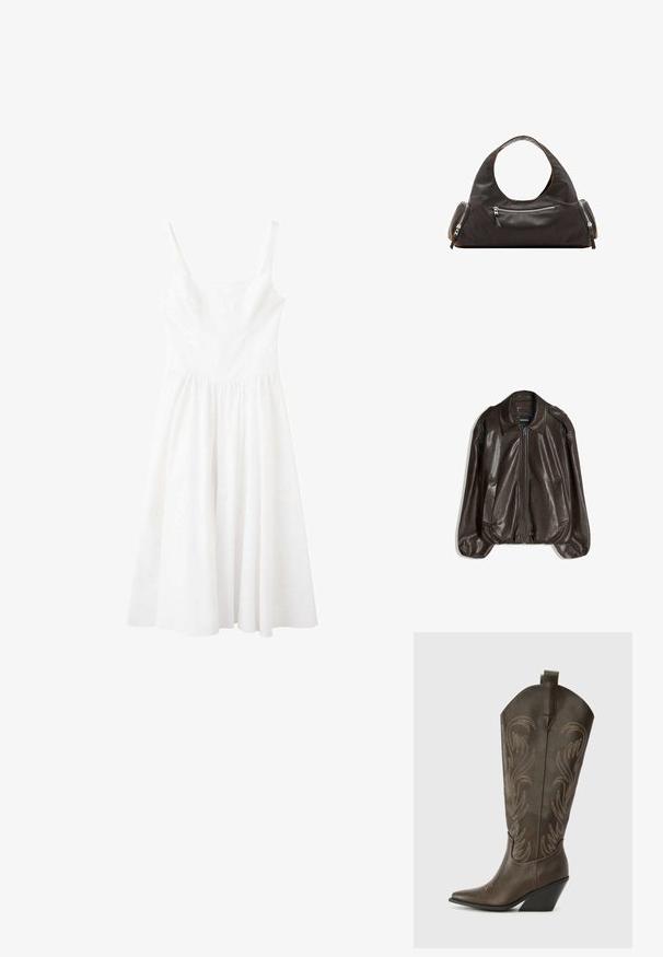 Veste en cuir marron avec fermeture éclair, grand col, et deux poches latérales. Coupe décontractée avec détail de manches légèrement bouffantes.; Robe blanche sans manches avec un décolleté carré et une taille froncée, dotée d'une jupe fluide mi-longue.; Botte de cowboy en cuir marron avec un embout pointu, un talon compensé et des broderies décoratives. Dispose d'un long tige et d'une languette de tirage.; Sac à main en cuir noir avec une poignée supérieure arrondie, deux poches latérales zippées et une texture lisse. Design légèrement souple.