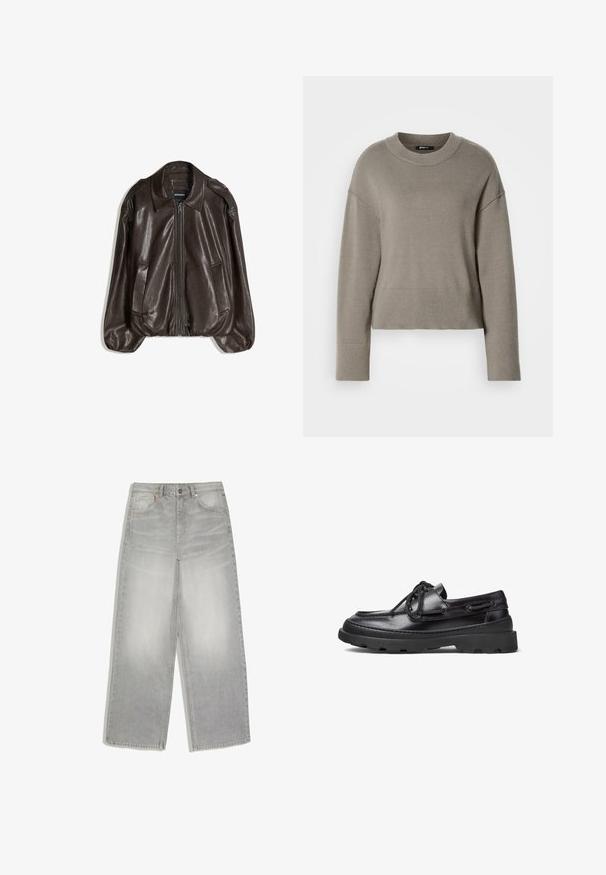 Veste en cuir marron avec fermeture éclair, grand col, et deux poches latérales. Coupe décontractée avec détail de manches légèrement bouffantes.; Pull cropped gris clair avec un col rond, des épaules tombantes et des poignets et ourlet côtelés. Texture douce, design simple.; Jean denim gris clair à jambes larges avec poches avant et fermeture par boutons, posé à plat sur un fond blanc.; Bateaux en cuir noir avec un bout arrondi, un laçage, des accents en surpiqûre et une semelle en caoutchouc épaisse dotée d'un motif de traction texturé.