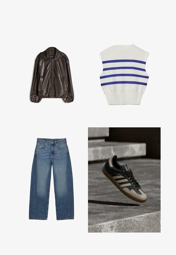 Veste en cuir marron avec fermeture éclair, grand col, et deux poches latérales. Coupe décontractée avec détail de manches légèrement bouffantes.; Pull sans manches blanc en maille avec trois rayures horizontales bleues sur la poitrine et un ourlet côtelé à la taille.; Jean bleu à large jambe en denim, avec un design classique à cinq poches, un lavage délavé et des coutures ton sur ton.; Baskets en cuir noir et beige avec trois bandes blanches, semelle en caoutchouc beige et détail en or "Samba" sur le côté.