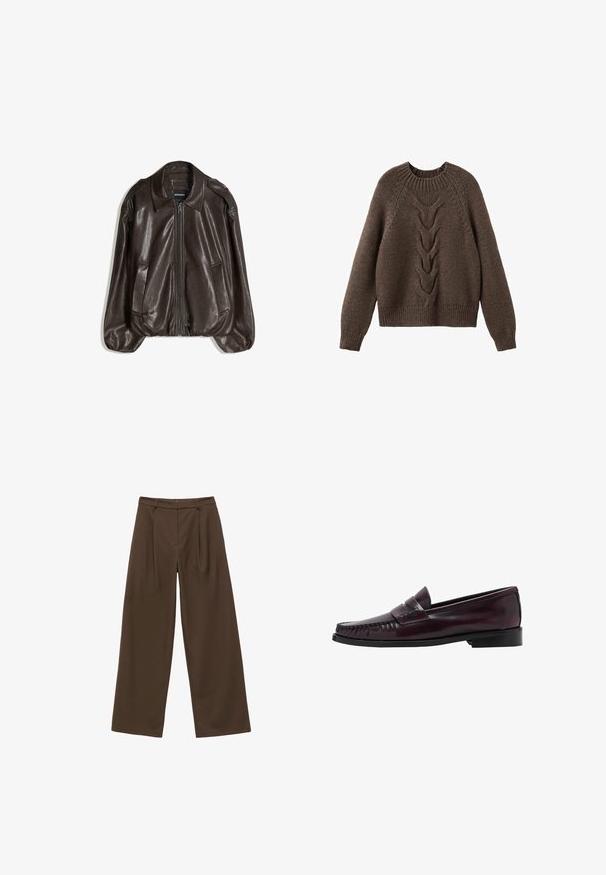 Brun læderjakke med lynlås, stor krave og to sidelommer, med en afslappet pasform og let puffede ærmegab.; Brun strikket sweater med rund halsudskæring, lange ærmer og et kabelstrikdesign, der løber ned langs fronten. Ribbet kant og manchetter.; Brune brede bukser med en glat tekstur, der har frynser foran, høj talje og et klassisk design, der er velegnet til forskellige anledninger.; Mænds mørkebrune læder penny loafers med sort sål og syning langs tåen, vist i sideprofil.