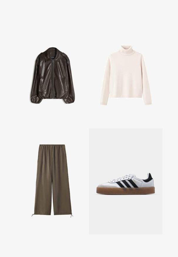 Veste en cuir marron avec fermeture éclair, grand col, et deux poches latérales. Coupe décontractée avec détail de manches légèrement bouffantes.; Pull à col roulé rose clair en tissu tricoté doux, doté d'un col et de poignets côtelés, avec une coupe décontractée et un design minimaliste.; Pantalon vert olive ample avec taille élastique et cordons au bas, présenté à plat sur fond blanc.; Baskets en cuir blanc avec des rayures noires, semelle extérieure en caoutchouc beige, bout rond, fermeture lacée et embout en suède gris doux.