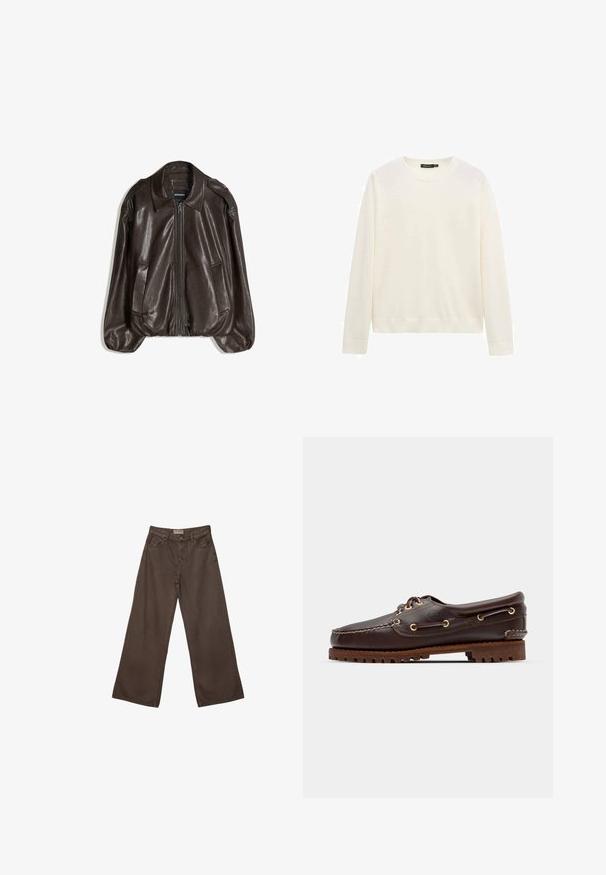 Veste en cuir marron avec fermeture éclair, grand col, et deux poches latérales. Coupe décontractée avec détail de manches légèrement bouffantes.; Pull blanc à col rond à manches longues avec poignets et ourlet côtelés, présenté sur un fond blanc uni.; Pantalons en denim marron à coupe large avec un design classique à cinq poches, dotés d'une fermeture à bouton et d'une texture lisse.; Bateau en cuir marron avec des œillets dorés, des lacets ronds et une semelle en caoutchouc marron texturée. Présente des détails de couture et un logo en relief.