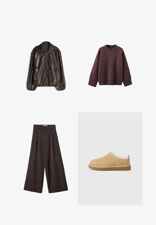 Brun læderjakke med lynlås, stor krave og to sidelommer, med en afslappet pasform og let puffede ærmegab.; Løs pasform sweater i mørk bordeaux, lavet af blødt strikket stof. Har en ribstrikket rund hals, vide ærmer og en ribstrikket kant.; Mørkebrune bukser med vide ben, forreste læg, knaplukning og bæltestropper, vist mod en hvid baggrund.; Suede slip-on sko i lys tan, med en blød pelsforing og tekstureret gummisål med en let hæl og bagestrop for nem påklædning.