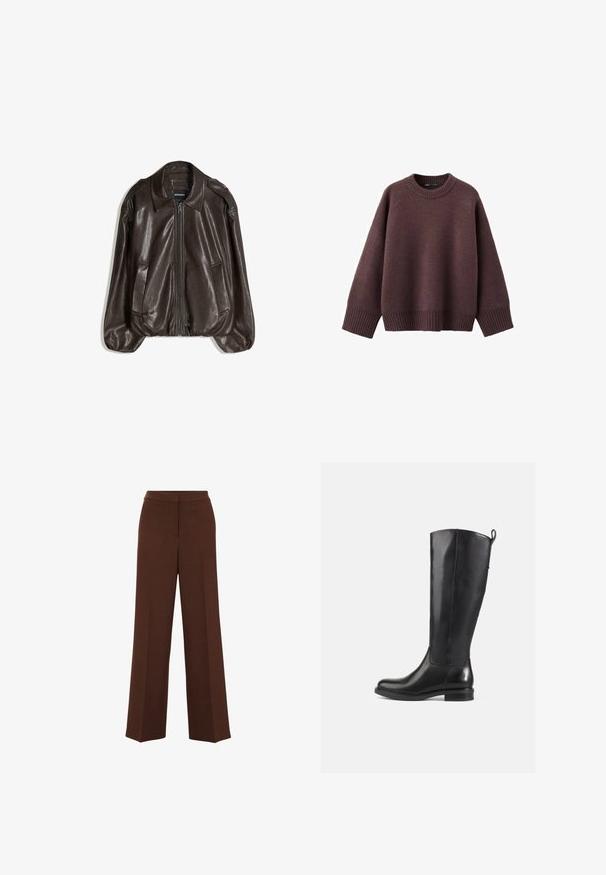 Brun læderjakke med lynlås, stor krave og to sidelommer, med en afslappet pasform og let puffede ærmegab.; Løs pasform sweater i mørk bordeaux, lavet af blødt strikket stof. Har en ribstrikket rund hals, vide ærmer og en ribstrikket kant.; Brune bredbenede bukser med en glat overflade, der har en struktureret talje og subtile plisseringer, der løber ned langs forsiden.; Knæhøje sorte læderstøvler med en glat finish, rund tå, lav hæl og en flap bagpå. Minimalistisk design uden synlige mønstre.