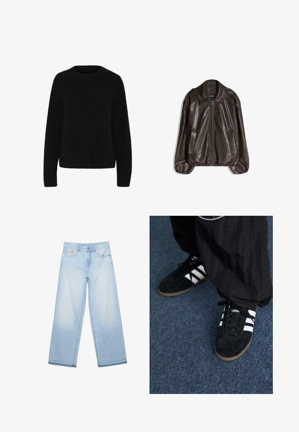 Veste en cuir marron avec fermeture éclair, grand col, et deux poches latérales. Coupe décontractée avec détail de manches légèrement bouffantes.; Pull noir en matière douce et duveteuse. Il possède un col rond, des manches longues et un ourlet côtelé. Design simple sans motifs ni accents.; Jean denim bleu clair à jambes larges avec bouton avant, fermeture éclair et style cinq poches, posé à plat sur fond blanc.; Des chaussures de sport en suède noir avec trois rayures blanches et des lacets noirs. Un pantalon noir texturé est partiellement visible à côté des chaussures.