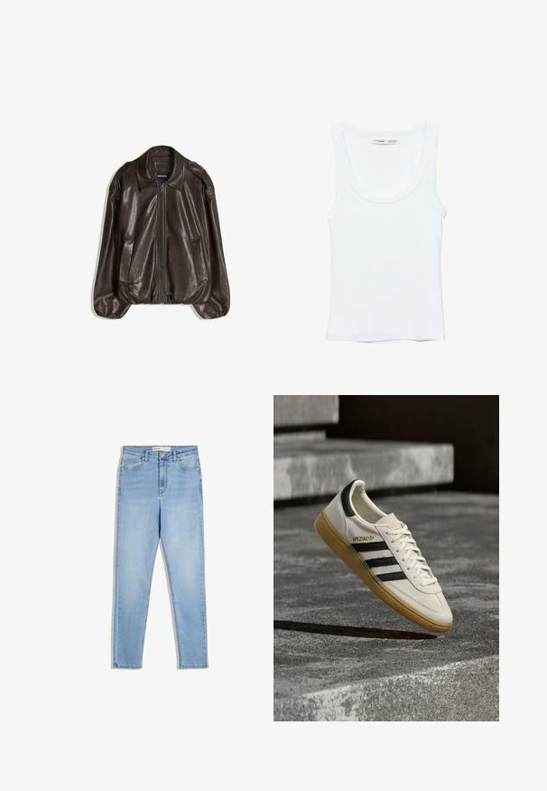 Braune Lederjacke mit Reißverschluss, großem Kragen und zwei Seitentaschen, legerer Passform und leicht aufgepolsterten Ärmeln.; Schlichtes weißes ärmelloses Tanktop mit Rundhalsausschnitt, aus weichem Stoff, Etikett im Kragen zeigt Marken- und Größenangaben.; Hellblaue Jeans aus Denim mit hoher Taille, schmalem Bein, Fronttaschen und Reißverschluss. Der Stoff weist eine dezente, ausgebleichte Waschung auf.; Weißer Adidas Spezial Sneaker mit schwarzen Streifen und Kautschuksohle, der über grauen Steinstufen im Freien schwebt.