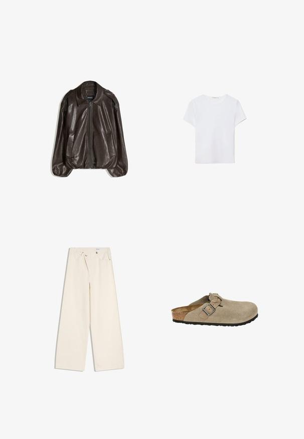 Brun læderjakke med lynlås, stor krave og to sidelommer, med en afslappet pasform og let puffede ærmegab.; Hvid kortærmet t-shirt lavet af blødt stof. Har en rund halsudskæring og et simpelt, rent design med en lige underkant.; Off-white bukser med vidde i benene, foranlommer, bærestropper og sølvknapper på linningen og lommekanter.; Beige ruskindsklipklapper med rund tå, justerbar rem og spænde, kork-mellemsål og tekstureret sort gummisål for godt greb.