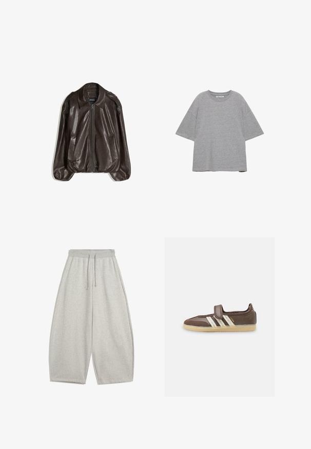 Bruine leren jas met een ritssluiting, een grote kraag en twee zijzakken, uitgevoerd in een losse pasvorm met een lichte pofmouwdetail.; Effen grijs, oversized T-shirt met korte mouwen en een ronde hals, plat gelegd tegen een witte achtergrond.; Lichtgrijze wijde sweatpants met elastische tailleband en trekkoord, voorzien van zijzakken en een ontspannen pasvorm.; Bruine sneaker met crèmekleurige Adidas-strepen, klittenbandsluiting en gumzool, zijaanzicht op witte achtergrond.