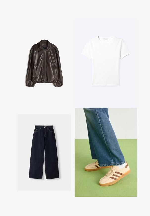 Bruine leren jas met een ritssluiting, een grote kraag en twee zijzakken, uitgevoerd in een losse pasvorm met een lichte pofmouwdetail.; Effen wit T-shirt met korte mouwen en ronde hals met een klein "WEEKDAY" label aan de binnenkant van de hals, plat neergelegd op een lichte achtergrond.; Donkerblauwe denim wijduitlopende jeans met een hoge taille, vijf zakken, contrasterende stiksels en zilveren metalen hardware. Gladde textuur en een nette afwerking.; Beige sneakers met gestructureerde crèmekleurige panelen en bruine strepen, gecombineerd met blauwe denim jeans. De jeans hebben een brede pijp en een rafelige zoom.