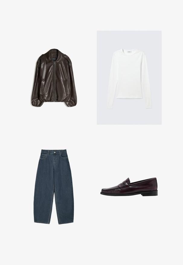 Bruine leren jas met een ritssluiting, een grote kraag en twee zijzakken, uitgevoerd in een losse pasvorm met een lichte pofmouwdetail.; Effen wit shirt met lange mouwen en ronde hals, slim fit, afgebeeld tegen een lichtgrijze achtergrond.; Donkerblauwe denim wijde broek met hoge taille, voorzien van vijf zakken en zichtbare stikseldetails. Schoon, minimaal ontwerp.; Donkerbruine leren penny loafer voor mannen met een zwarte zool en stiksels langs de neus, weergegeven in zijprofiel.