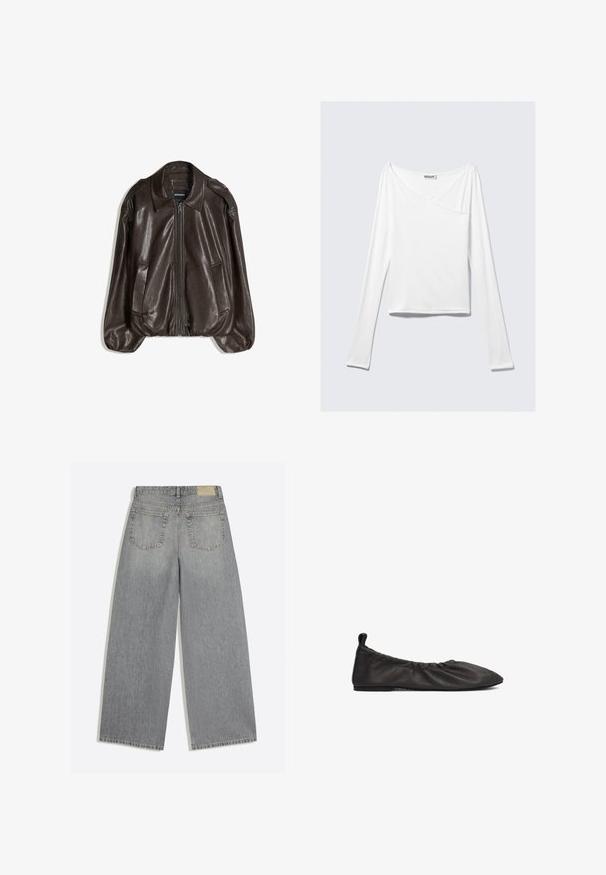Veste en cuir marron avec fermeture éclair, grand col, et deux poches latérales. Coupe décontractée avec détail de manches légèrement bouffantes.; Haut blanc à manches longues avec un design croisé et une poche. Fabriqué dans un tissu lisse et extensible. Coupé dans une coupe décontractée et ample.; Jean en denim gris à jambes larges montrant l'arrière avec deux poches et des passants de ceinture, posé à plat sur fond blanc.; Chaussure plate en cuir noir avec un bord élastique froncé, bout pointu et surface lisse. Présente un design minimaliste sans quincaillerie visible.