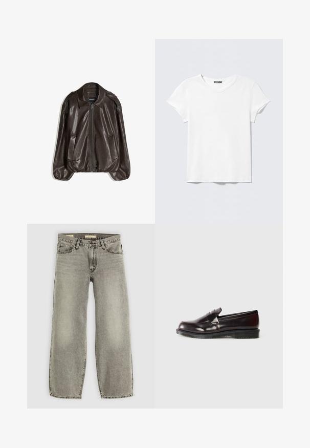 Bruine leren jas met een ritssluiting, een grote kraag en twee zijzakken, uitgevoerd in een losse pasvorm met een lichte pofmouwdetail.; Effen wit T-shirt met korte mouwen en V-hals, met een klein "WEEKDAY" label aan de binnenkant van de kraag, getoond op een lichtgrijze achtergrond.; Lichtgrijze, ruime jeans gemaakt van denim. Heeft een traditionele vijf-pocketstijl en een lichte vervaging door de stof.; Bordeaux leren loafers met een gladde oppervlakte, een verhoogde randdetail en een rubberen zool. Ontworpen met een ronde neus en minimale hardware.