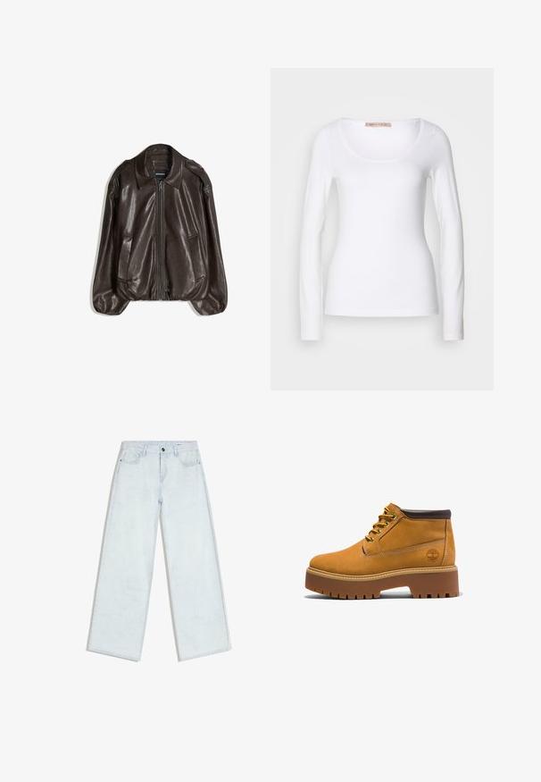 Bruine leren jas met een ritssluiting, een grote kraag en twee zijzakken, uitgevoerd in een losse pasvorm met een lichte pofmouwdetail.; Witte katoenen T-shirt met lange mouwen, voorzien van een ronde halslijn en een getailleerd ontwerp, met een gladde textuur en zonder versieringen.; Lichtblauwe wijde jeans met knopen en rits aan de voorkant, riemlussen en stijl met vijf zakken, plat gelegd op een witte achtergrond.; Tan leren enkelboots met een ronde neus, bruine accenten, een dikke plateauzool en contrasterende gele veters. Heeft een logo aan de zijkant.