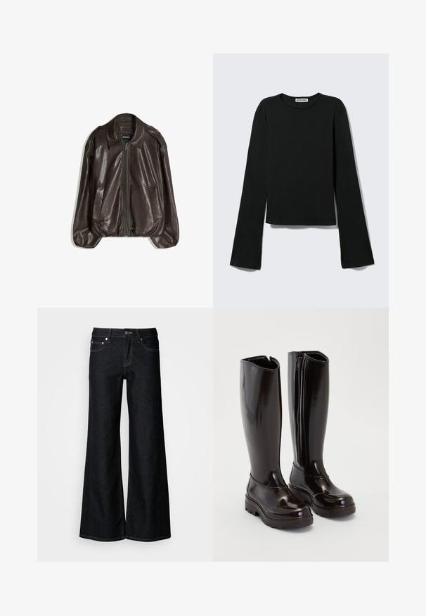Veste en cuir marron avec fermeture éclair, grand col, et deux poches latérales. Coupe décontractée avec détail de manches légèrement bouffantes.; T-shirt noir à manches longues avec col rond, silhouette ajustée et manches légèrement évasées, étiqueté avec la marque "Weekday" au niveau de l'encolure.; Jean en denim foncé à jambes larges avec une taille haute, un design à cinq poches et une couture contrastée jaune le long des coutures.; Bottes noires brillantes jusqu'aux genoux avec semelles épaisses et fermeture éclair sur le côté, sur un fond blanc uni.