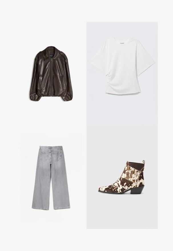 Braune Lederjacke mit Reißverschluss, großem Kragen und zwei Seitentaschen, legerer Passform und leicht aufgepolsterten Ärmeln.; Weißes kurzärmeliges Oversized T-Shirt mit Rundhalsausschnitt, dargestellt vor hellem grauem Hintergrund.; Graue weite Jeans mit hoher Taille, ausgestattet mit einer glatten Textur, zwei Gesäßtaschen und dezenten Nähten.; Cowboy-Stiefel aus braunem und cremefarbenem Fell, mit spitzem Schuhkopf, niedrigem Absatz und gerippten Akzenten an den Seiten.