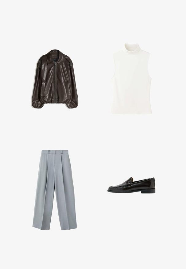 Veste en cuir marron avec fermeture éclair, grand col, et deux poches latérales. Coupe décontractée avec détail de manches légèrement bouffantes.; Haut sans manches blanc à col roulé avec une coupe ajustée et un col montant, présenté sur un fond blanc uni.; Pantalon large gris clair avec plis sur le devant, passants pour ceinture et fermeture avant dissimulée.; Mocassin penny en cuir noir avec talon bas et détails cousus, présenté de côté sur un fond blanc.